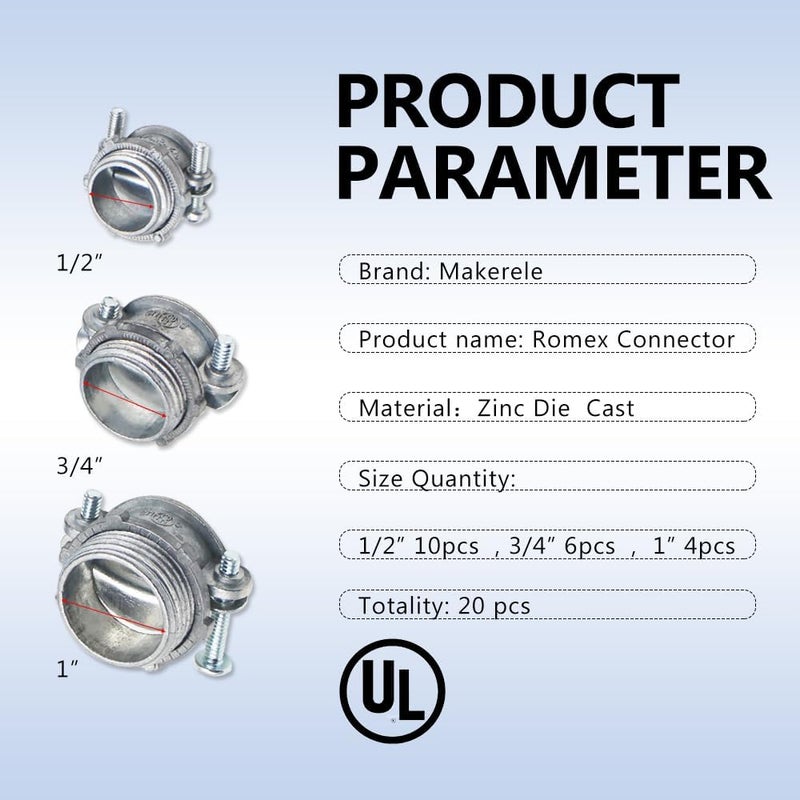 MAKERELE 20-Piece Multi-Size Connector Kit - Includes 1/2 Inch, 3/4 Inch, and 1 Inch Clamp Type Cable Connectors - UL Listed - Zinc Alloy for Metallic Conduit - Versatile for, NM and SE Cable - Image 3